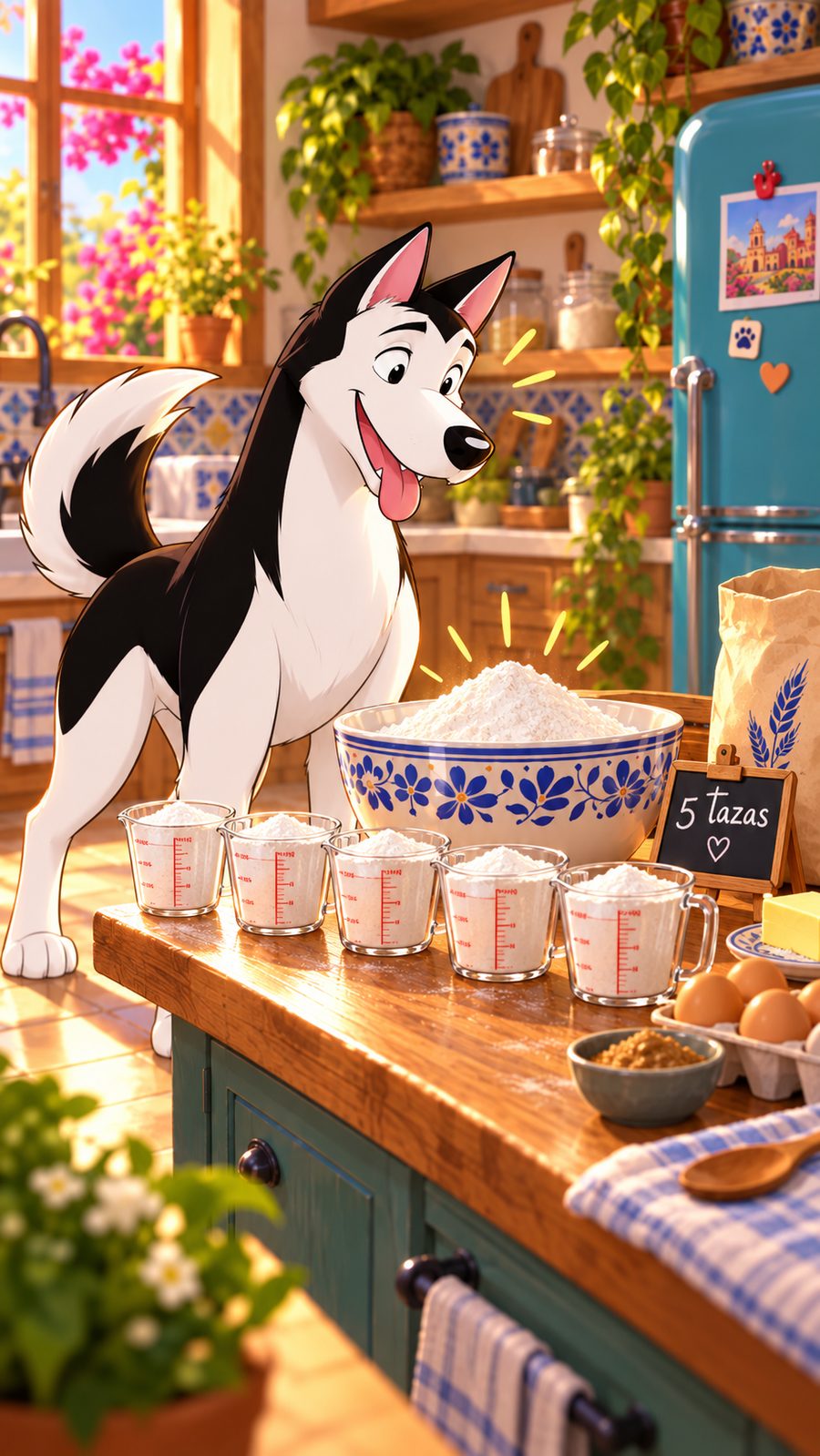 Boris midiendo tazas de harina en la cocina, practicando matemáticas de forma divertida.